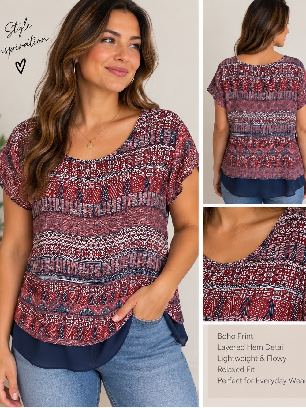 Cato Woman 18/20 (2X) Burgundy Navy Geometric Print Layered Tunic Top